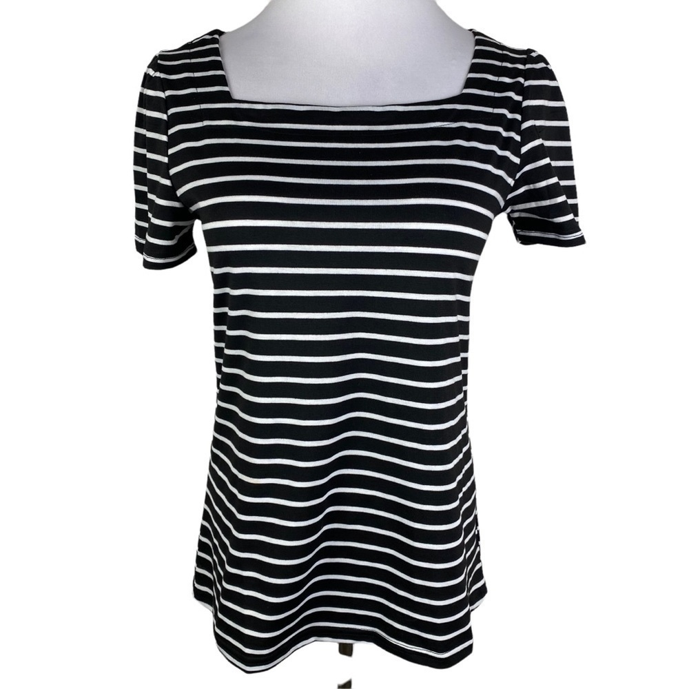 Striped Square Neck Short Sleeve‎ Blouse Women's Small Black White